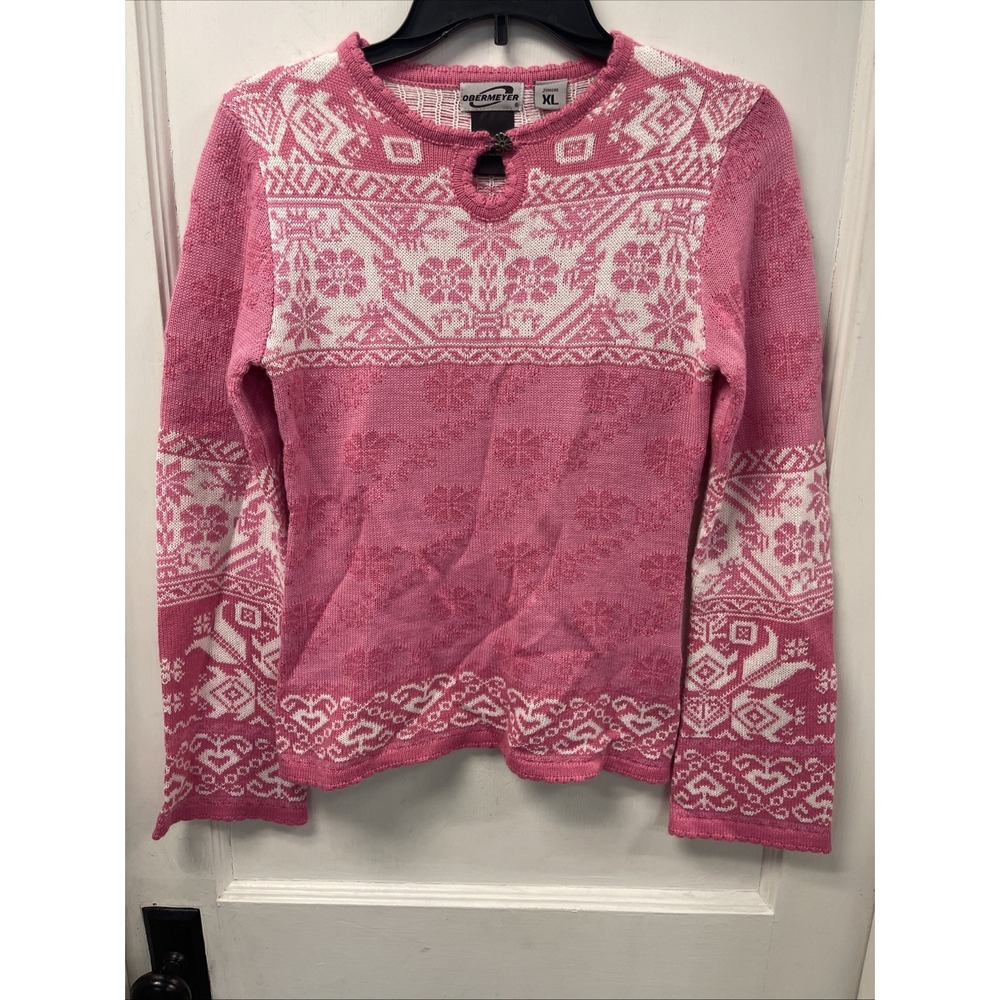 Obermeyer Pink/White Floral Retro Knit Juniors Girls Sweater Sz XL